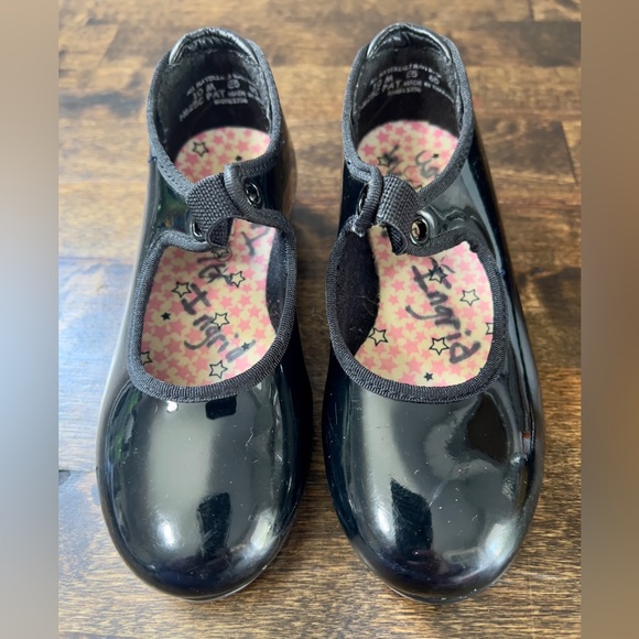 Black Patent CAPEZIO Tap Shoes Size 10M Tele Tone Tap N625C Elastic No Laces - Picture 2 of 7